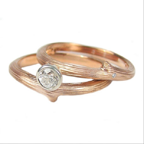 Diamond Vine Engagement Ring and Rose Gold Vine Ring with Diamonds Diamond Vine Engagement Ring and Rose Gold Vine Ring with Diamonds