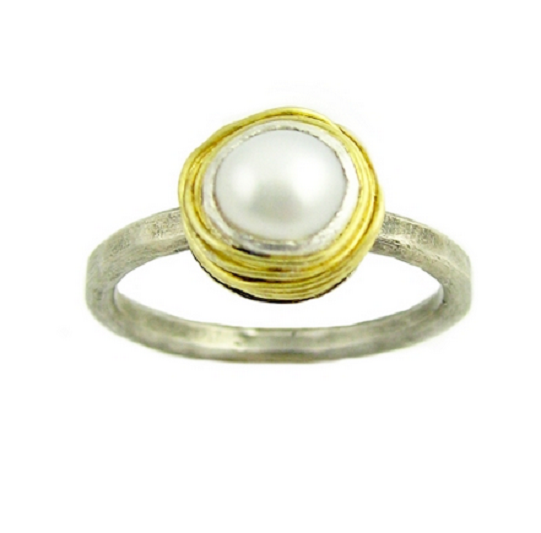 Nested White Pearl Engagement Ring with Gold Nest Nested White Pearl Engagement Ring with Gold Nest